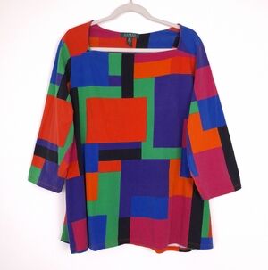 Lauren Ralph Lauren 3/4 sleeve color block top tee square neck retro colorful